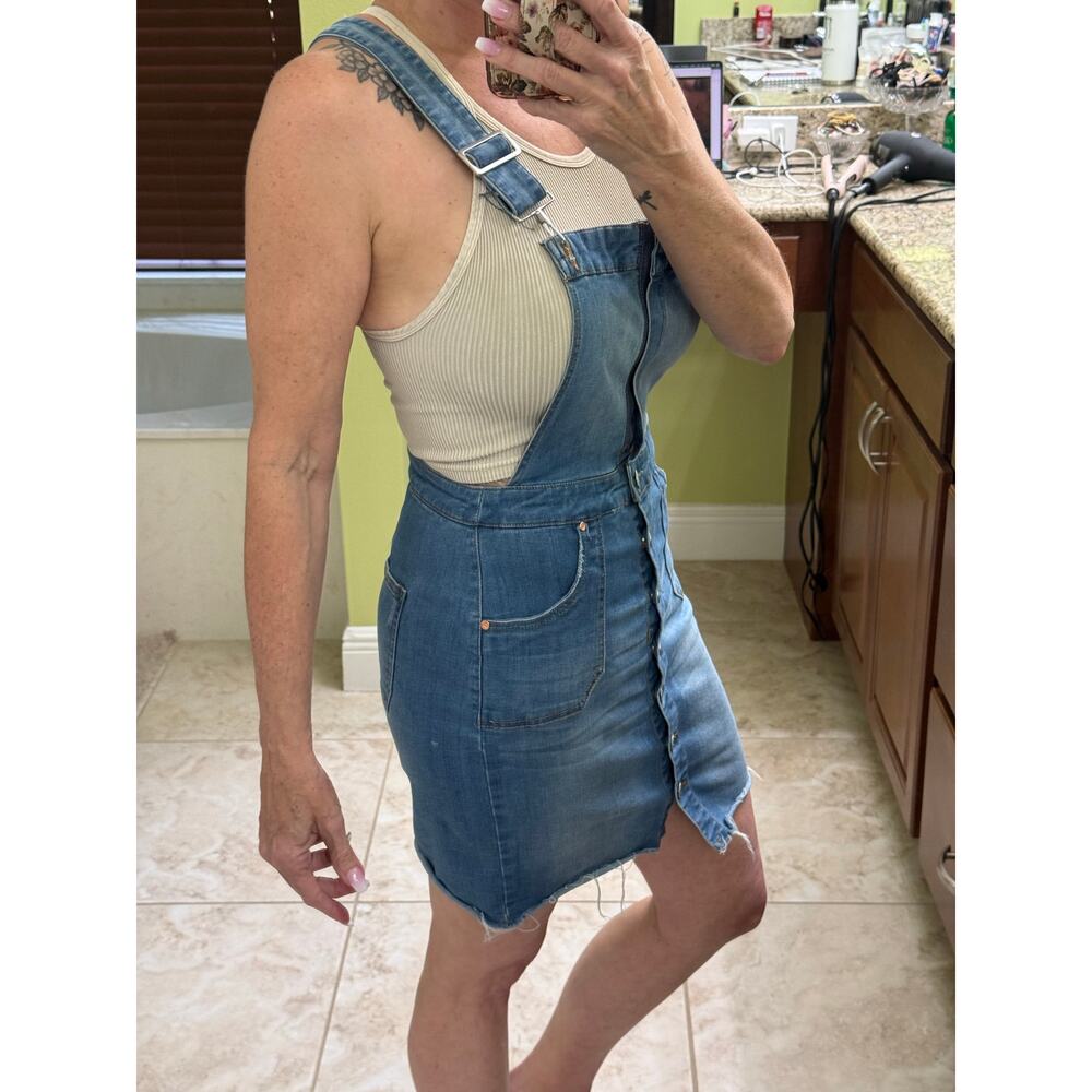 Celebrity pink blue jean denim Overalls dress front buttons zipper closure - Picture 3 of 4